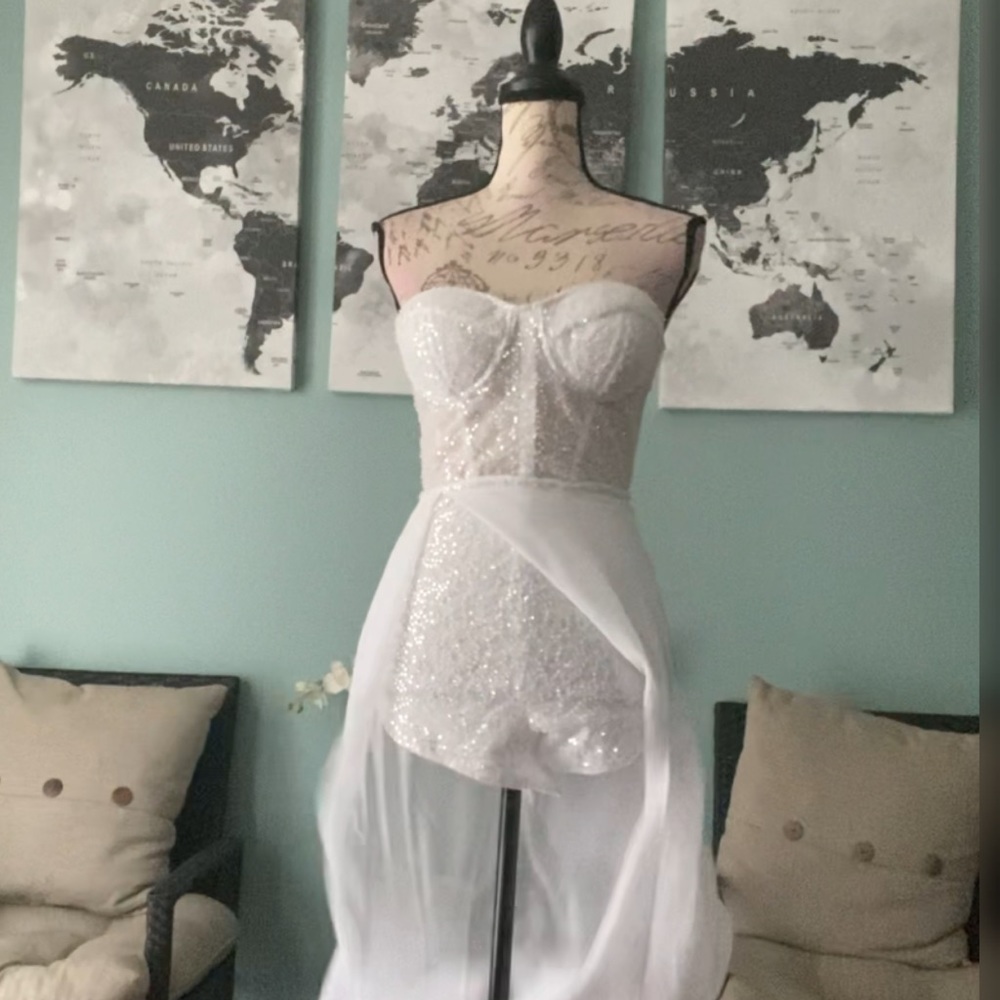 White beaded romper dress with asymmetrical sheer overskirt train XS